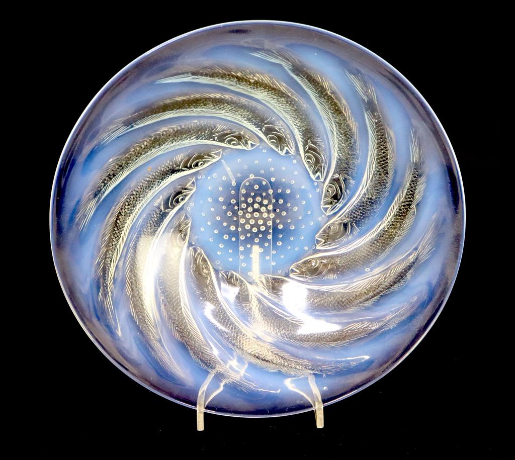 René Lalique. A pre-war opalescent glass Poissons No.2 pattern coupe plate, no.3264, designed in 1931, 24cm diameter